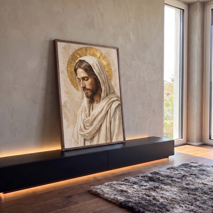Quadro Decorativo Grande Jesus Cristo Bege para Sala | quadros decorativos para sala | retrato de Jesus Cristo em aquarela com manto branco e halo dourado | em Quadros para Sala | Porao dos Quadros