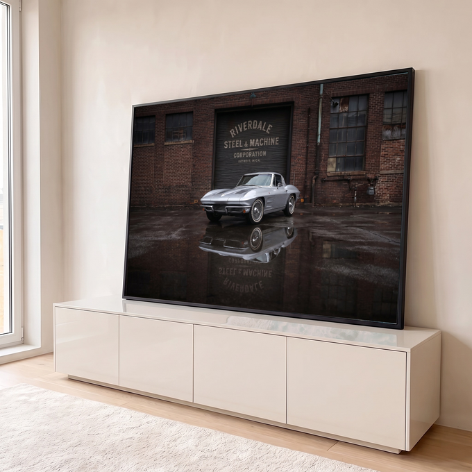 Carro clássico prata refletido no asfalto molhado diante de fábrica de tijolos em Detroit, quadro decorativo