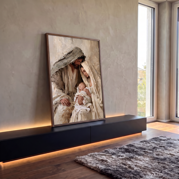 Quadro Decorativo Sagrada Família com Bebê em Tons Bege | quadros decorativos para sala | homem e mulher inclinados com carinho sobre bebê enrolado em panos brancos | em Quadros para Sala | Porao dos Quadros