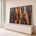 Quadro Decorativo Grande Mosaico de Ripas para Sala Marrom | quadros decorativos para sala | textura de ripas de madeira verticais coloridas em laranja, marrom, preto e azul | em Quadros para Sala | Porao dos Quadros