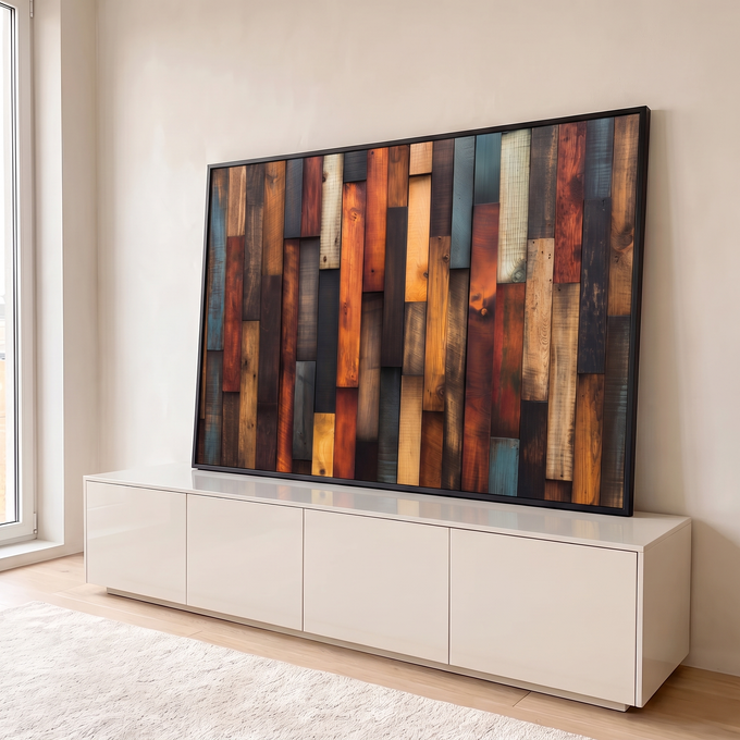 Quadro Decorativo Grande Mosaico de Ripas para Sala Marrom | quadros decorativos para sala | textura de ripas de madeira verticais coloridas em laranja, marrom, preto e azul | em Quadros para Sala | Porao dos Quadros
