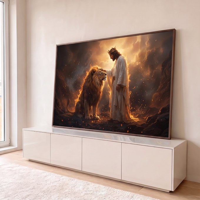 Quadro Decorativo Grande Jesus Coroado para Sala Marrom | quadros decorativos para sala | homem coroado de branco tocando a cabeça de um leão em meio a chamas douradas | em Quadros para Sala | Porao dos Quadros