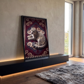 Quadro Decorativo Grande Leopardo das Neves para Sala | quadros decorativos para sala | leopardo-das-neves deitado sobre tapete ornamentado em vermelho e azul | em Quadros para Sala | Porao dos Quadros