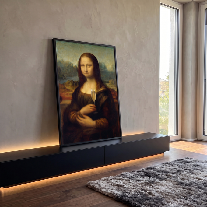 Quadro Decorativo Grande Mona Lisa Marrom para Sala | quadros decorativos para sala | retrato clássico de mulher sorridente segurando taça de champanhe com fundo de paisagem montanhosa | Porao dos Quadros
