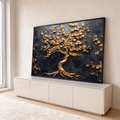 Quadro Decorativo Grande Árvore Dourada Relevo para Sala | quadros decorativos para sala | árvore dourada em relevo com flores sobre fundo preto texturizado | em Quadros para Sala | Porao dos Quadros