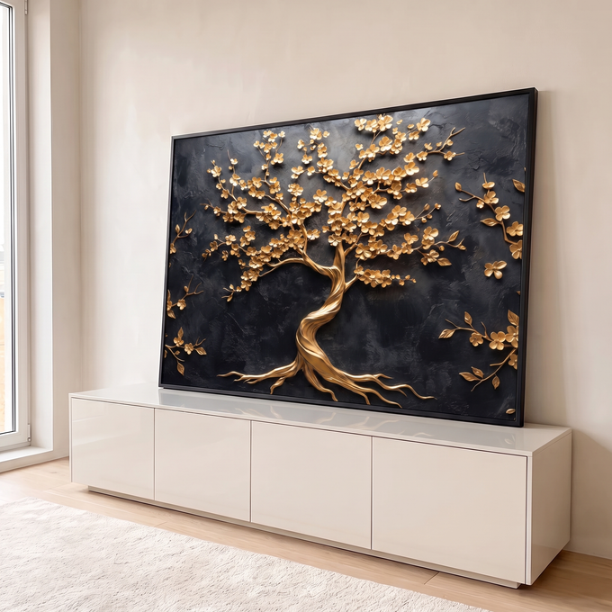 Quadro Decorativo Grande Árvore Dourada Relevo para Sala | quadros decorativos para sala | árvore dourada em relevo com flores sobre fundo preto texturizado | em Quadros para Sala | Porao dos Quadros