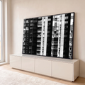 Quadro Decorativo Grande Fachada de Prédios para Sala Preto | quadros decorativos para sala | fachada de prédios em preto e branco com janelas e varandas em padrão geométrico | em Quadros para Sala | Porao dos Quadros