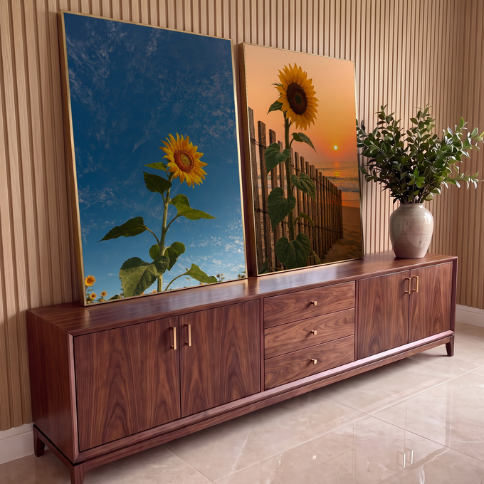 Quadro Decorativo Kit 2 Telas Girassol no Céu para Sala Azul | quadros decorativos para sala | girassol dividido entre céu azul vivo e pôr do sol laranja na praia | em Quadros para Sala | Porao dos Quadros