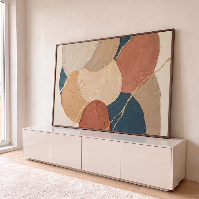 Abstrato texturizado bege, terracota e azul petróleo com linhas em folha de ouro, quadro decorativo