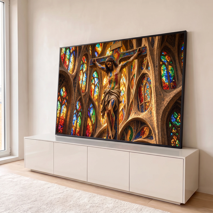 Jesus Cristo crucificado em mosaico colorido entre vitrais e arcos góticos dourados, quadro decorativo