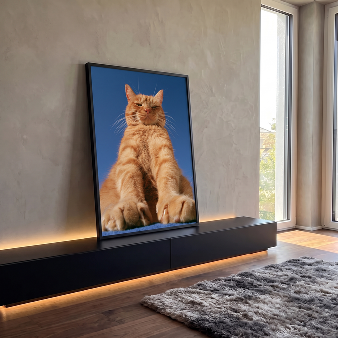 Quadro Decorativo Gato Laranja Sentado em Fundo Azul | quadros decorativos para sala | gato laranja tigrado sentado em ângulo baixo com fundo azul | em Quadros para Sala | Porao dos Quadros