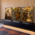 Quadro Decorativo Kit 3 Telas Santo Antônio para Sala Marrom | quadros decorativos para sala | tríptico sacro com Santo Antônio, Menino Jesus e Madre Teresa em tons dourados e azuis | em Quadros para Sala | Porao dos Quadros
