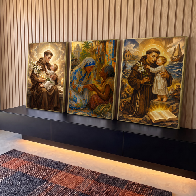 Quadro Decorativo Kit 3 Telas Santo Antônio para Sala Marrom | quadros decorativos para sala | tríptico sacro com Santo Antônio, Menino Jesus e Madre Teresa em tons dourados e azuis | em Quadros para Sala | Porao dos Quadros