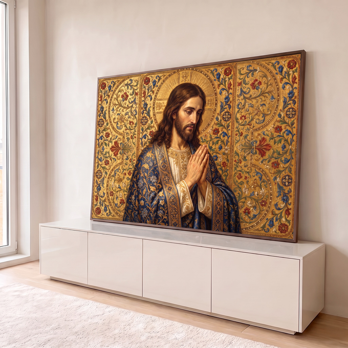 Quadro Decorativo Grande Jesus Halo Dourado para Sala | quadros decorativos para sala | Jesus Cristo em oração com manto azul bordado e halo dourado sobre fundo floral ornamentado | em Quadros para Sala | Porao dos Quadros