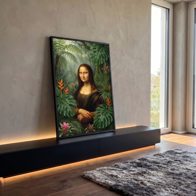 Quadro Decorativo Grande Mona Lisa para Sala Verde | quadros decorativos para sala | retrato de mulher com pose da Mona Lisa cercada por folhagem tropical densa e flores coloridas | em Quadros para Sala | Porao dos Quadros