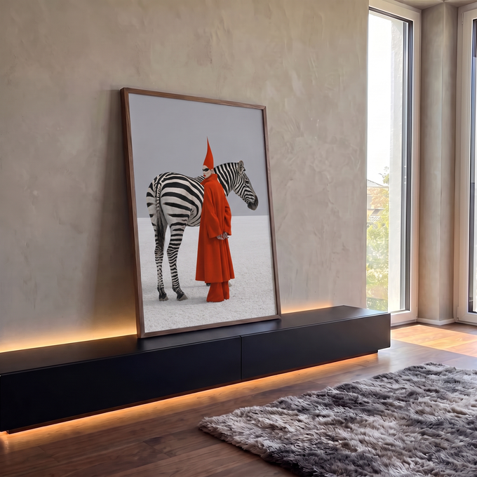 Mulher de casaco vermelho, chapéu pontudo e máscara ao lado de zebra em deserto branco, quadro decorativo