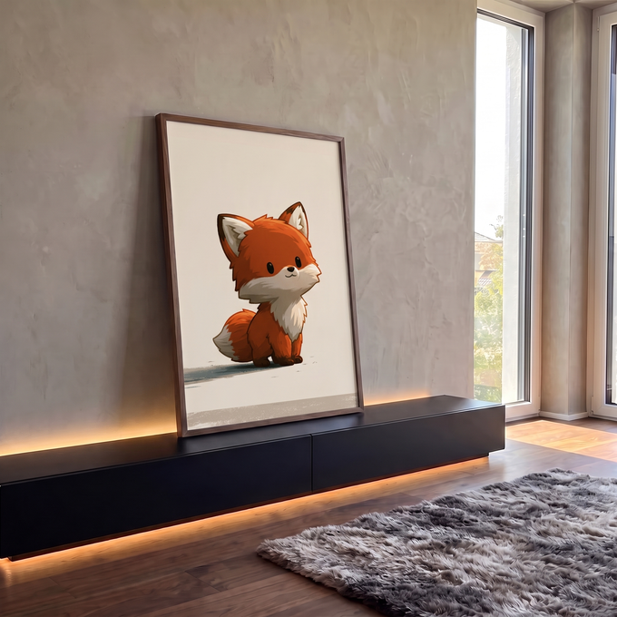 Raposinha laranja fofa sentada em ilustração cartoon sobre fundo bege claro, quadro decorativo