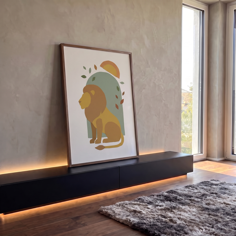 Quadro Decorativo Grande Leão Sentado para Sala Amarelo | quadros decorativos para sala | leão sentado de perfil em estilo colagem de papel com sol ao fundo | Porao dos Quadros