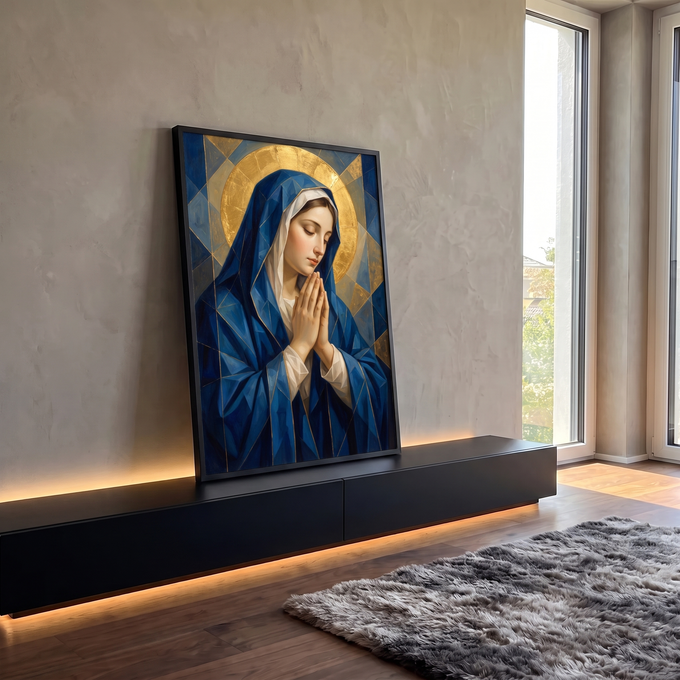 Quadro Decorativo Grande Nossa Senhora Geométrico para Sala | quadros decorativos para sala | Nossa Senhora em oração com manto azul facetado e halo dourado geométrico | em Quadros para Sala | Porao dos Quadros