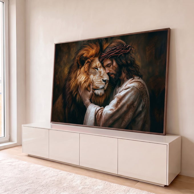 Jesus com coroa de espinhos encosta o rosto no leão de juba dourada, pintura marrom, quadro decorativo