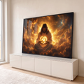 Quadro Decorativo Grande Figura Sagrada Dourado para Sala | quadros decorativos para sala | figura sagrada de manto claro segurando coração dourado em nebulosa estelar laranja | em Quadros para Sala | Porao dos Quadros
