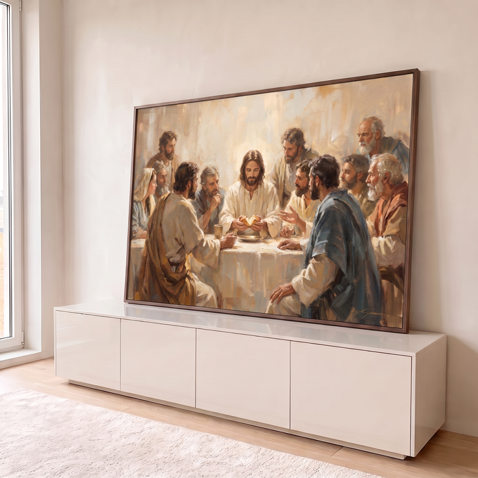 Quadro Decorativo Grande Última Ceia para Sala Bege | quadros decorativos para sala | pintura da Última Ceia com Jesus partindo o pão cercado por discípulos | em Quadros para Sala | Porao dos Quadros