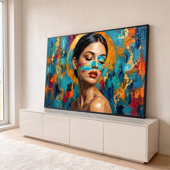 Mulher de olhos fechados com faixa colorida no rosto, auréola dourada e fundo azul texturizado, quadro decorativo