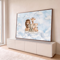 Leão, girafa, elefante e leopardo filhotes em aquarela sentados nas nuvens azuis, quadro decorativo