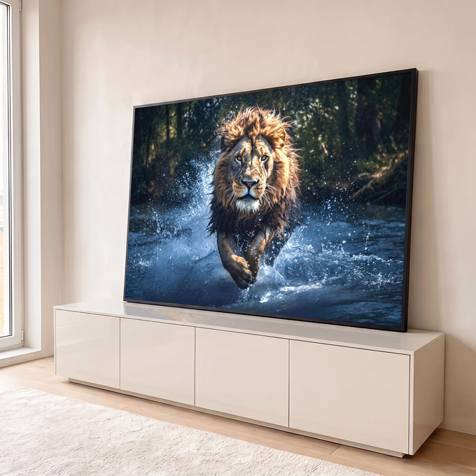 Leão de juba dourada correndo pelo rio azul entre respingos de água e floresta escura, quadro decorativo