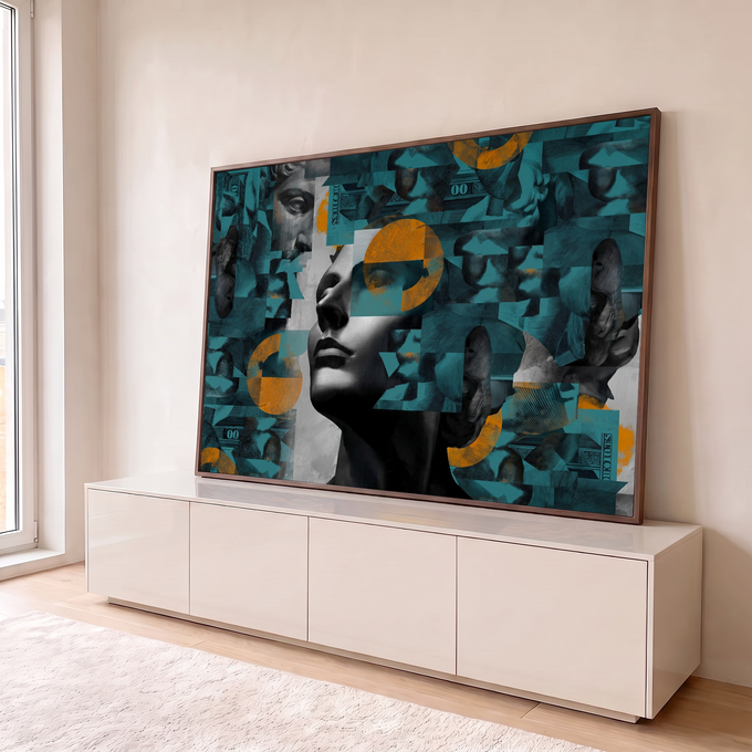 Busto grego olhando para cima em colagem digital azul-petróleo com círculos laranja, quadro decorativo