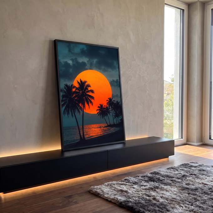 Quadro Decorativo Grande Sol Gigante para Sala Laranja | quadros decorativos para sala | sol laranja gigante entre palmeiras em silhueta numa praia ao entardecer | em Quadros para Sala | Porao dos Quadros