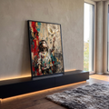 Quadro Decorativo Grande Menina Alcançando para Sala | quadros decorativos para sala | menina de camisa manchada de tinta estendendo a mão para uma pomba branca voando | em Quadros para Sala | Porao dos Quadros