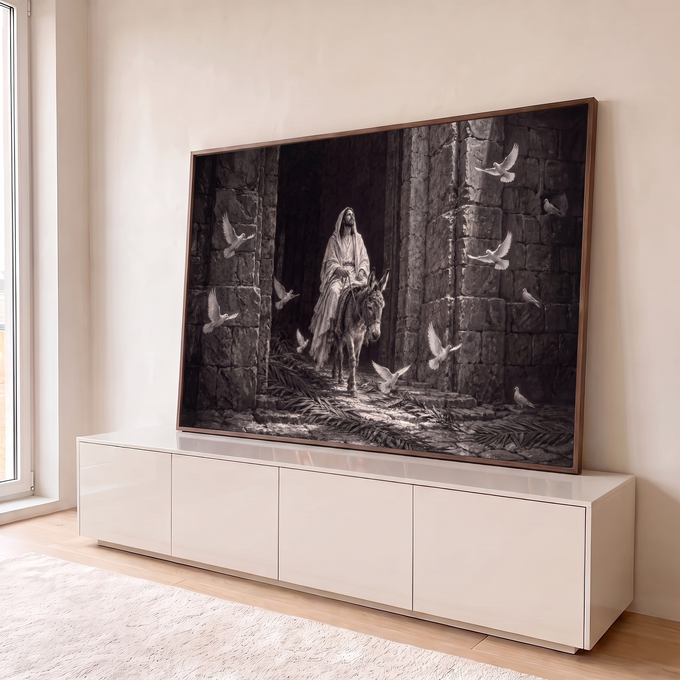 Jesus montado em jumento cruza portão de pedra entre pombas brancas e palmas, em preto e branco, quadro decorativo
