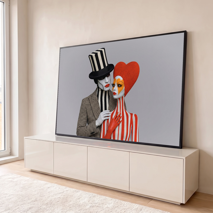 Quadro Decorativo Grande Casal Estilizado para Sala Preto | quadros decorativos para sala | duas figuras com maquiagem artística, cartola listrada e adereço de coração vermelho | em Quadros para Sala | Porao dos Quadros
