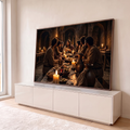 Jesus parte o pão com os apóstolos em mesa à luz de velas sob arcos de pedra, quadro decorativo