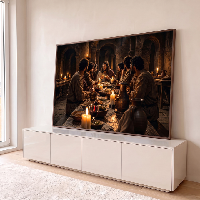 Jesus parte o pão com os apóstolos em mesa à luz de velas sob arcos de pedra, quadro decorativo