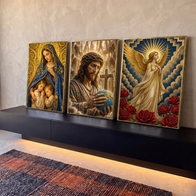 Quadro Decorativo Kit 3 Telas Nossa Senhora Anjo para Sala | quadros decorativos para sala | tríptico sacro com Nossa Senhora, Jesus com coroa de espinhos e anjo dourado | em Quadros para Sala | Porao dos Quadros