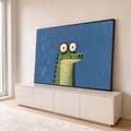 Quadro Decorativo Grande Crocodilo para Quarto de Bebê | quadros decorativos para sala | crocodilo verde de óculos com olhos grandes e boca aberta sobre fundo azul | em Quadros para Quarto de Bebê | Porao dos Quadros