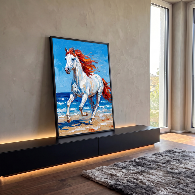 Quadro Decorativo Grande Cavalo Branco para Sala Azul | quadros decorativos para sala | cavalo branco com crina vermelha e laranja galopando na praia sob céu azul | em Quadros para Sala | Porao dos Quadros