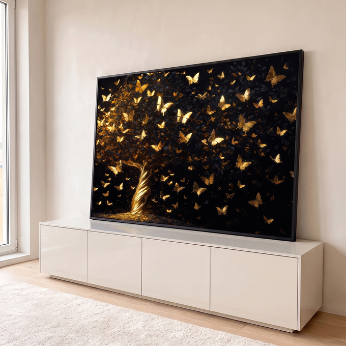 Árvore da vida de tronco dourado torcido com revoada de borboletas douradas em fundo preto, quadro decorativo