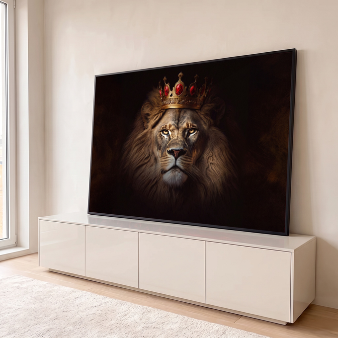 Leão majestoso de frente com coroa dourada cravejada de rubis sobre fundo preto, quadro decorativo