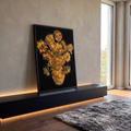 Quadro Decorativo Grande Girassóis de Van para Sala Preto | quadros decorativos para sala | girassóis dourados em relevo texturizado com folha de ouro sobre fundo preto | em Quadros para Sala | Porao dos Quadros
