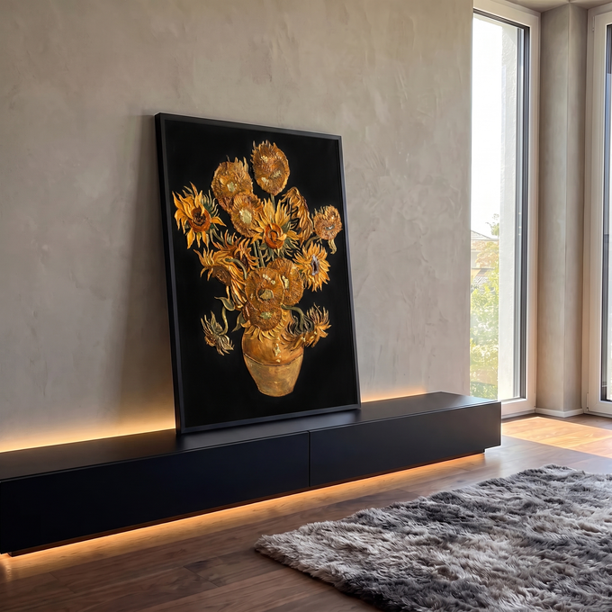 Quadro Decorativo Grande Girassóis de Van para Sala Preto | quadros decorativos para sala | girassóis dourados em relevo texturizado com folha de ouro sobre fundo preto | em Quadros para Sala | Porao dos Quadros
