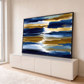 Quadro Decorativo Grande Abstrato e Dourado para Sala Azul | quadros decorativos para sala | faixas abstratas em azul marinho e dourado com linha preta sinuosa central | em Quadros para Sala | Porao dos Quadros