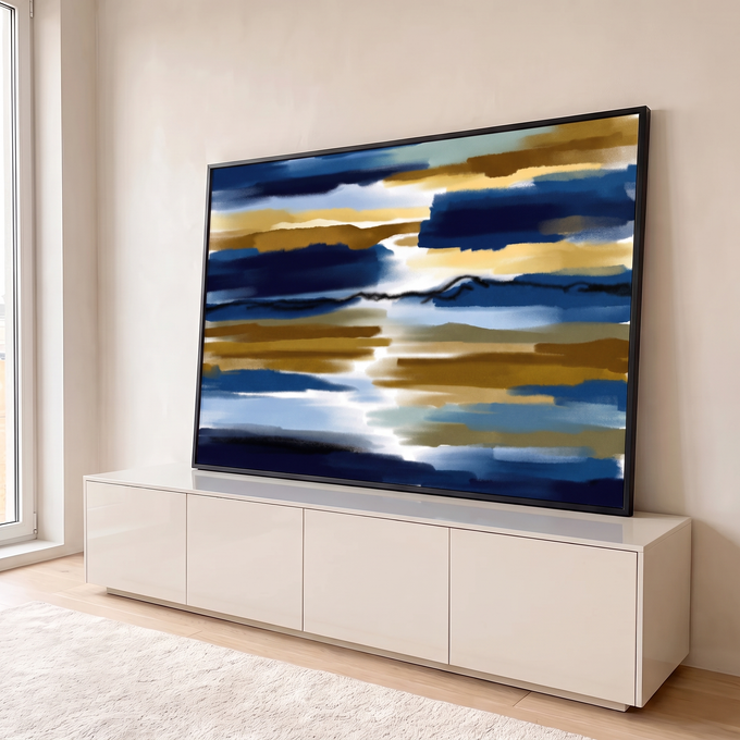 Quadro Decorativo Grande Abstrato e Dourado para Sala Azul | quadros decorativos para sala | faixas abstratas em azul marinho e dourado com linha preta sinuosa central | em Quadros para Sala | Porao dos Quadros