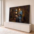 Mona Lisa sentada com rosto pintado de Noite Estrelada e Van Gogh segurando paleta, quadro decorativo