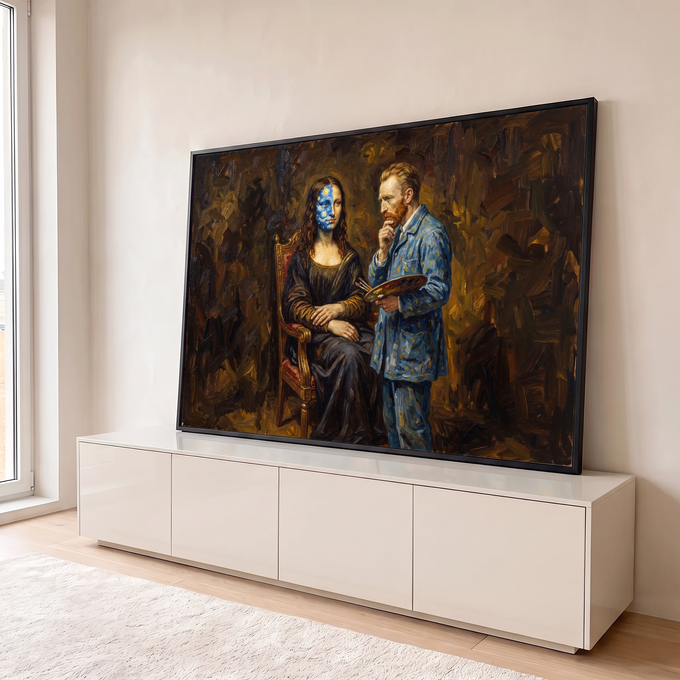 Mona Lisa sentada com rosto pintado de Noite Estrelada e Van Gogh segurando paleta, quadro decorativo