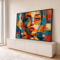 Quadro Decorativo Grande Rosto Feminino para Sala Laranja | quadros decorativos para sala | rosto feminino fragmentado em formas geométricas coloridas com olhos azuis e lábios vermelhos | em Quadros para Sala | Porao dos Quadros
