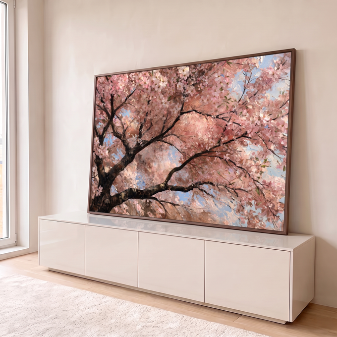 Quadro Decorativo Grande Cerejeira em Flor para Sala Rosa | quadros decorativos para sala | galhos de cerejeira em flor com pétalas rosa contra céu azul | em Quadros para Sala | Porao dos Quadros