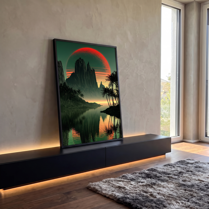 Sol vermelho listrado atrás de montanhas, palmeiras e reflexo em lago verde, quadro decorativo
